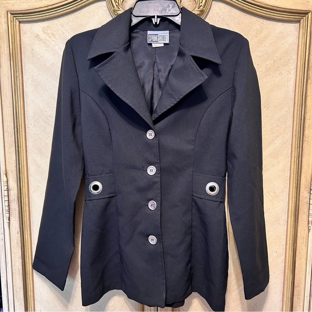 Vintage Spring Street USA Black Sleek Silver Grommet Back Waist Blazer
